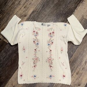 Carolyn Taylor Cream Sweater with Floral Embroidery